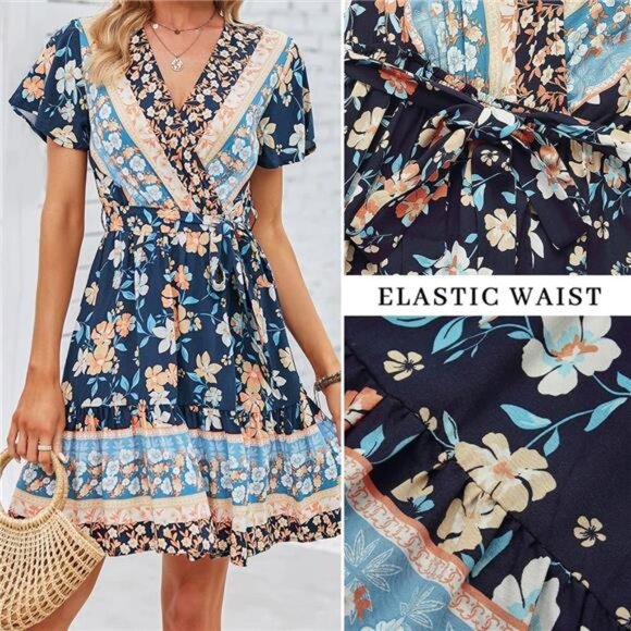 Women's Summer Wrap V-Neck Bohemian Floral Mini Dress – Ruffle Swing A-Line - Picture 4 of 7
